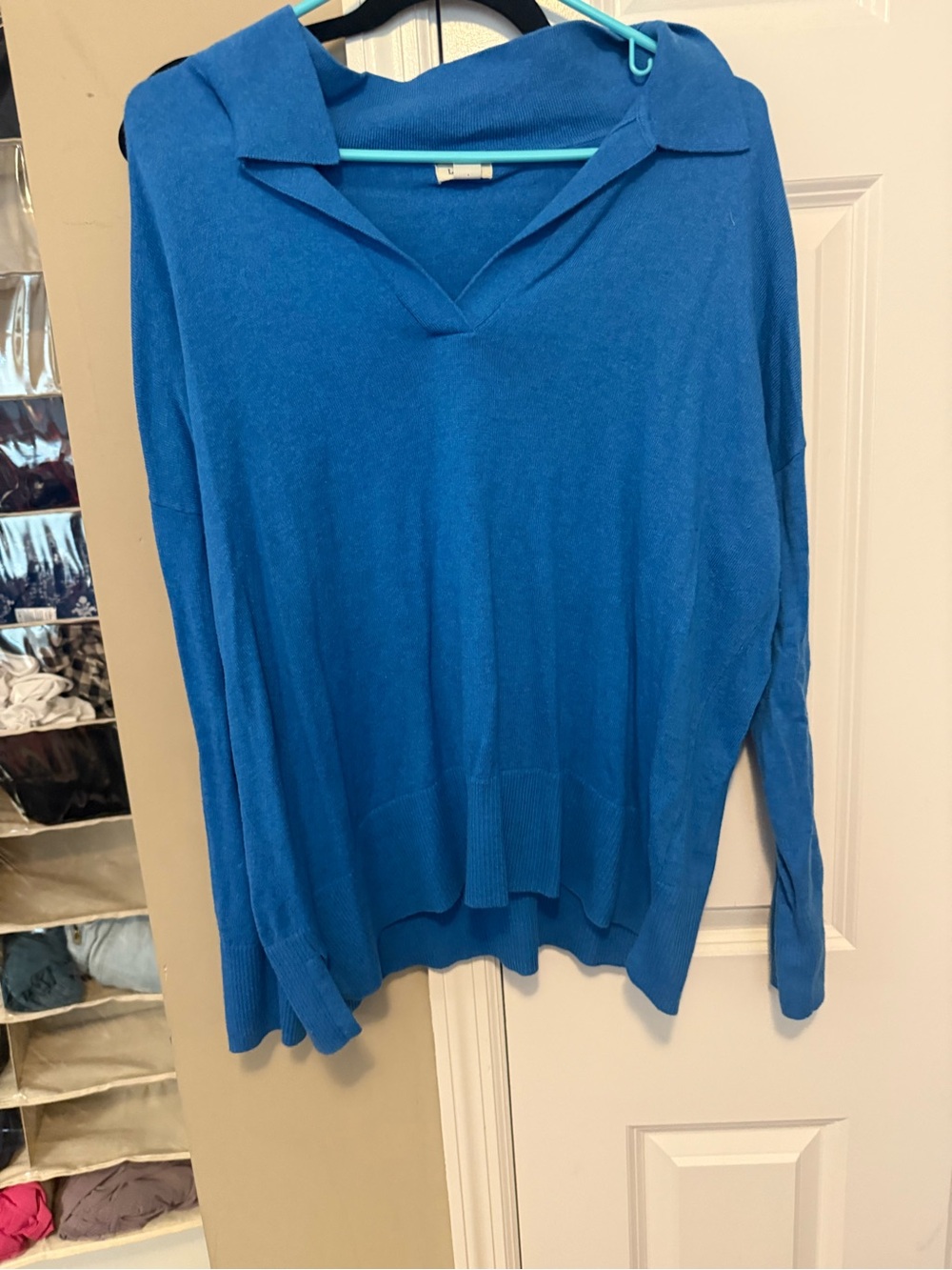 L.L. Bean Bright Blue V-Neck Knit Top cashmere cotton blend